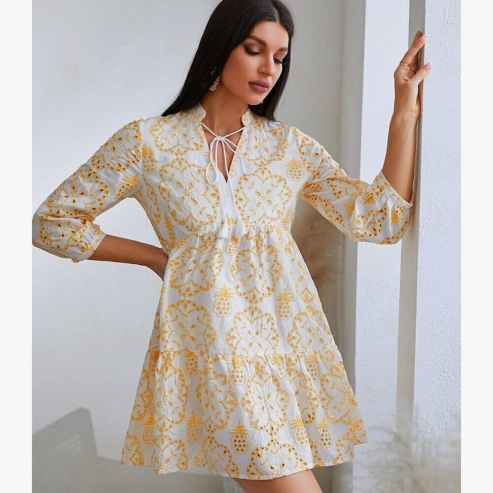Yellow Babydoll Eyelet Floral Embroidered Dress Festival Boho Hippie Small - Picture 2 of 11
